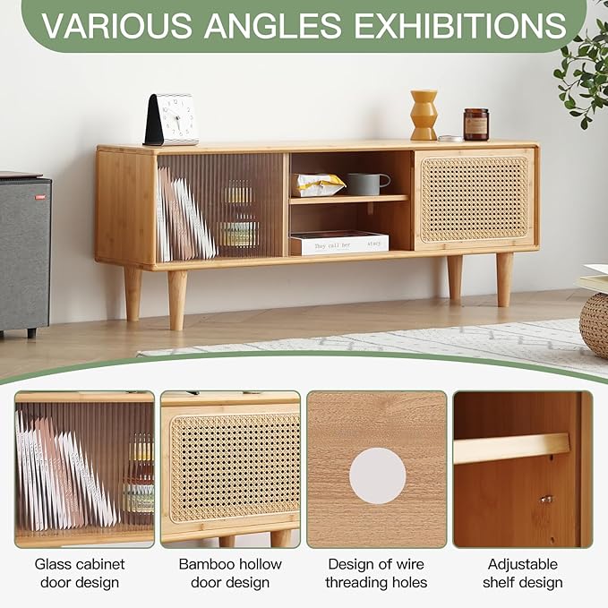 Welnow Rattan TV Stand for Up to 55 Inch, Mid Century Modern Bamboo Entertainment Center with 2 Cabinets & Adjustable Shelf, Storage Media Console Table for Living Room, Bedroom, Natural