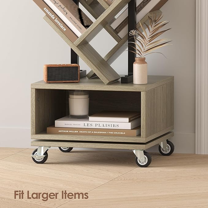 Double Sided Rotating Tree Bookshelf - 7-Tier Retro Floor Standing Bookcase, Wood Storage for Books, CDs, Movies, Perfect for Small Spaces in Bedroom, Living Room, Home Office, Grey
