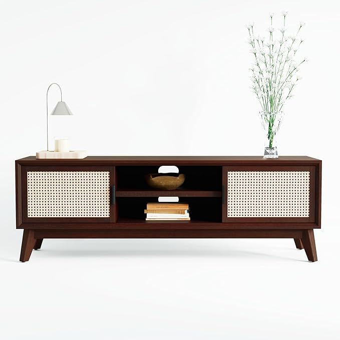 Bme Jasper Deluxe TV Console Table, Pre-Assembled Entertainment Center for up to 70 inch TV, 10 Minutes Assembly Solid Wood TV Table, Mid Century Console Stand - Walnut