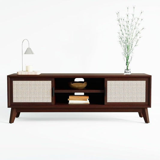 Bme Jasper Deluxe TV Console Table, Pre-Assembled Entertainment Center for up to 70 inch TV, 10 Minutes Assembly Solid Wood TV Table, Mid Century Console Stand - Walnut