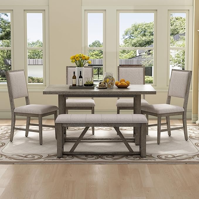 Ball & Cast 6-Piece Dining Table Set for 6 People, 60" Wood Dining Kitchen Table & Chairs Set, Dining Room Table with Upholstered Chairs and 1 Bench, Perfect for Dining Room, Kitchen, Gray