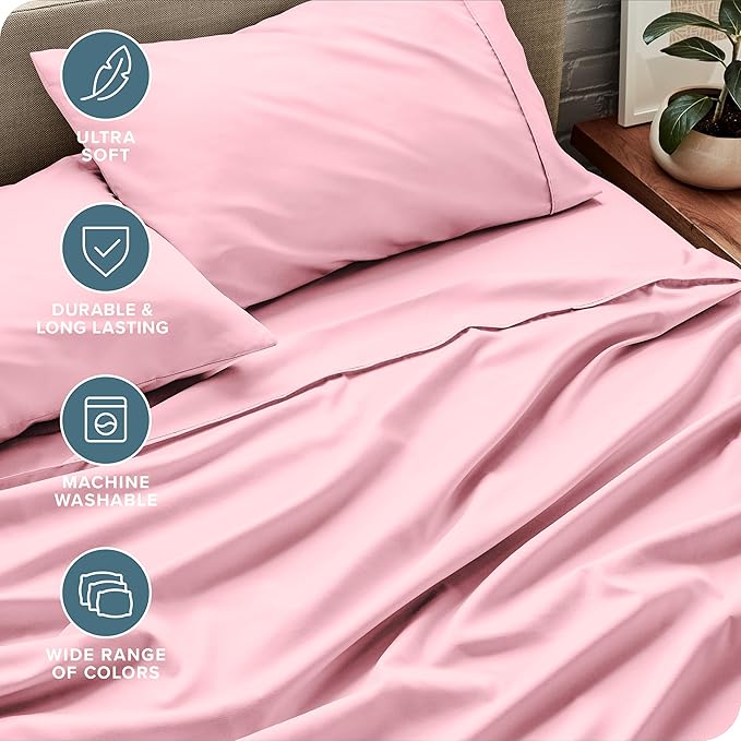 Bare Home Twin Sheet Set - 1800 Ultra-Soft Microfiber Twin Bed Sheets - Double Brushed - Deep Pockets - Easy Fit - Extra Soft - 3 Piece Set - Bedding Sheets & Pillowcases (Twin, Light Pink)