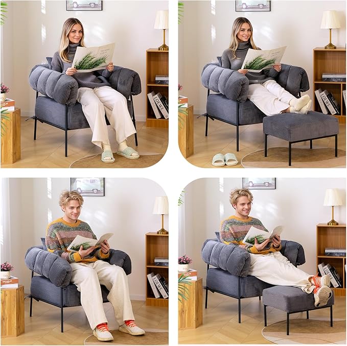 HollyHOME Modern Velvet Accent Chair, Upholstered Comfy Reading Chair, Fabric Large Lazy Arm Chair with Soft Cushion, Metal Frame Lounge Sofa Chair for Living Room, Bedroom, Balcony,Dark Grey