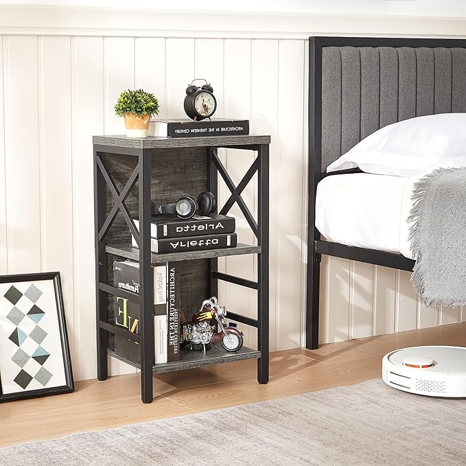 Small Bookcase,3 Tier Industrial Bookshelf with Metal Frame and Backboard,Low Grey Book Shelf,Book case for Small Spaces,Living Room,Bedroom and Home Office