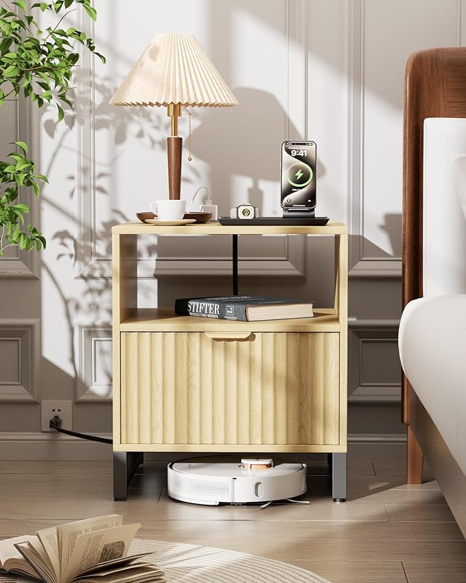 Fluted Night Stand with Charging Station, Wood Nightstand with Large Drawer and Open Storage Cabinet, Mid-Century Modern Bedside Table End Table for Bedroom Closet Office