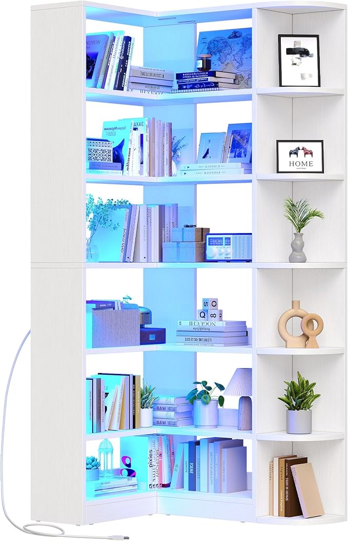 YITAHOME Corner Bookshelf with LED Light, 6 Tier Corner Shelf White Bookshelf L-Shaped Bookcase Storage Display Shelf for Home Office, Living Room, White