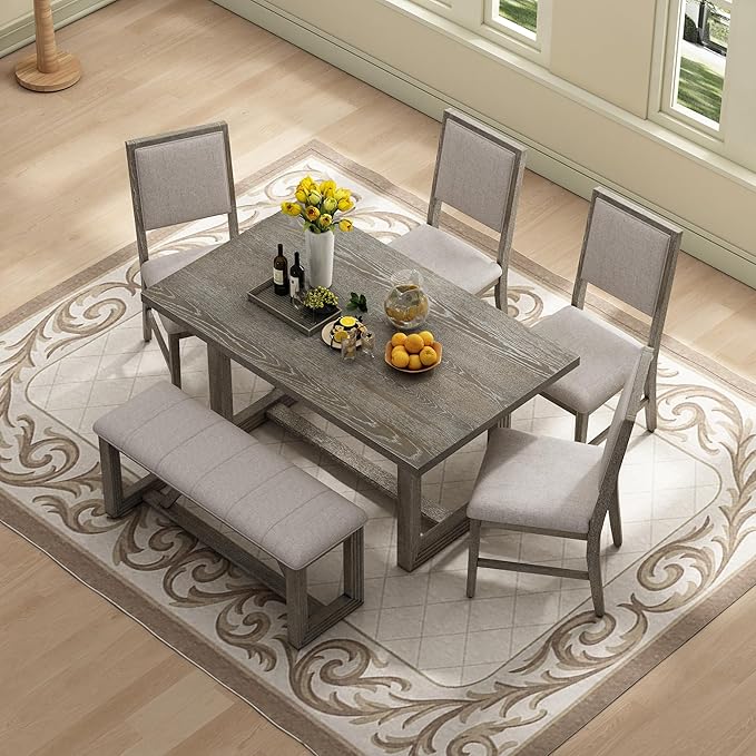 Ball & Cast 6-Piece Dining Table Set for 6 People, 60" Wood Dining Kitchen Table & Chairs Set, Dining Room Table with Upholstered Chairs and 1 Bench, Perfect for Dining Room, Kitchen, Gray