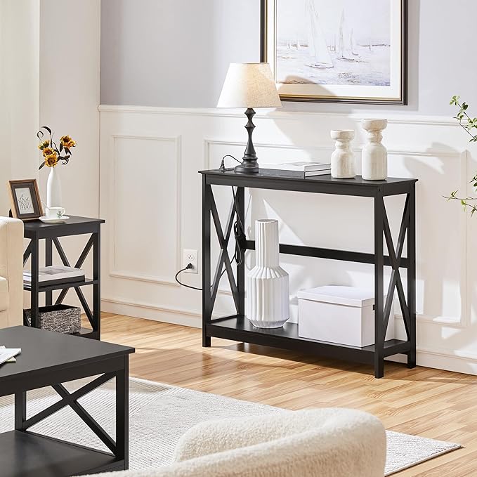 Yaheetech 40" Console Table with Power Outlets and USB Ports, Wood Entryway Table with Charging Station & Storage Shelf, Narrow 2-Tier Sofa Table for Living Room Hallway Foyer, Black
