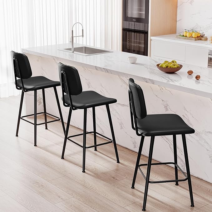 24-Inch Leather Bar Stools Set of 2, Counter Height Barstools with High Backrest，Bar Chairs for Kitchen Island with Heavy Duty Metal Legs, Black
