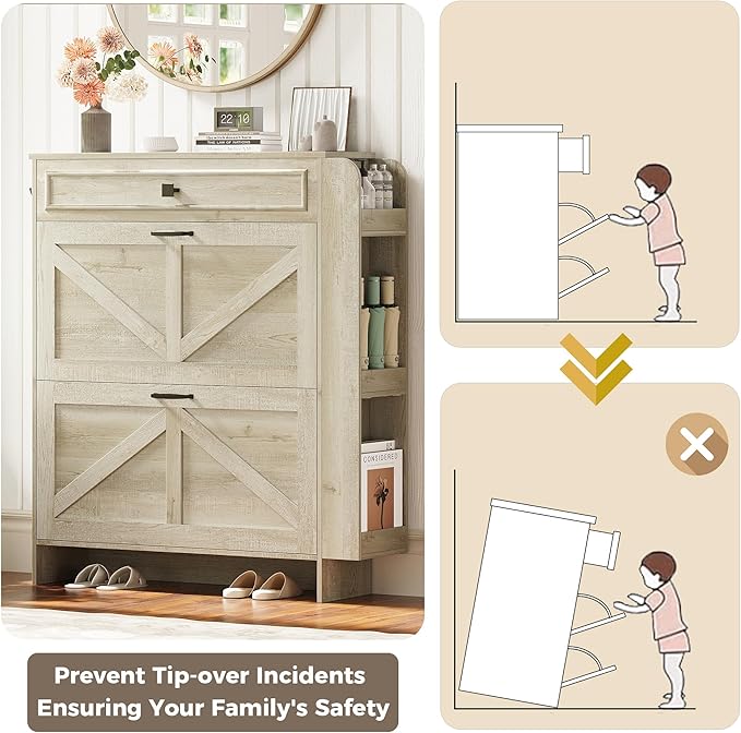 IRONCK Shoe Storage Cabinet with 2 Flip Drawers & Barn Door Design, Freestanding Shoe Cabinet Organizer with Drawer and Shelves for Entryway, Farmhouse Shoe Rack Cabinet,Rustic Maple
