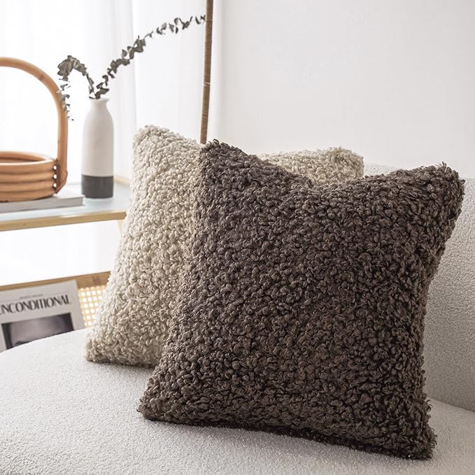 Foindtower 2 Pieces 22x22 Inch Chocolate, Faux Fur Throw Pillow Cover Accent Sherpa Pillow Fuzzy Soft Pillowcases Sheepskin Decorative Fleece Cushion Case for Bed Couch Living Room