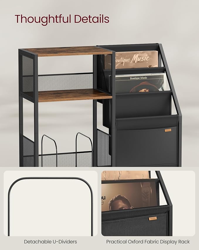 VASAGLE Record Player Stand, 3-Tier Side Table, Vinyl Record Storage up to 140 Albums, End Table for Living Room, Bedroom, Rustic Brown ULET276K01