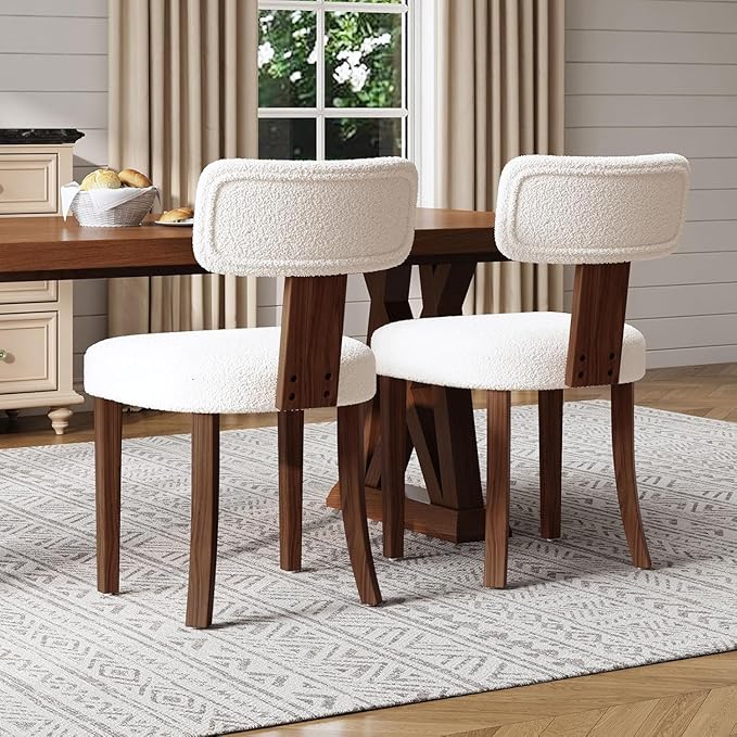 Farmhouse Chair Set of 2, Mid Century Modern Dining Chairs, Sherpa Upholstered Kitchen Chairs with Curved Backrest & Adjustable Legs for Living Room/Bedroom, Easy to Install, White Sherpa