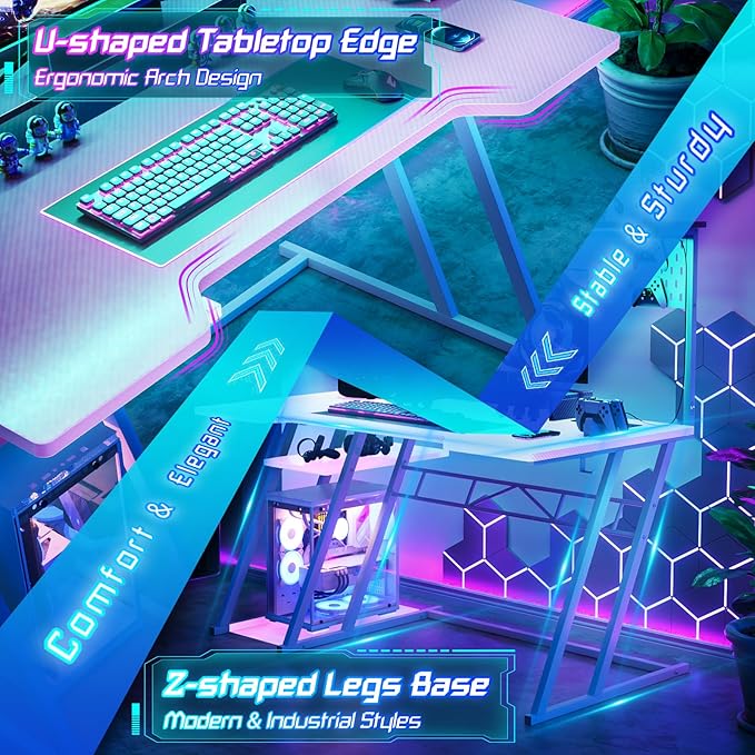 Armocity Pink Gaming Desk with Hutch and LED Lights, 53" Computer Desk with Storage Shelves, Reversible PC Gaming Desk with Pegboard, Gamer Desks for Bedroom, Carbon Fiber Surface