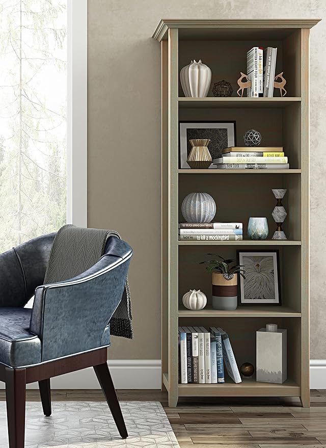 SIMPLIHOME Amherst Bookcase - 70 inch Tall 5-Shelf Solid Wood Bookshelf in Distressed Grey, Transitional Storage for Living Room, Study Room or Office with Adjustable Shelves and Tapered Legs