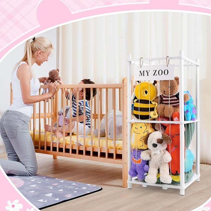 Stuffed Animal Storage Zoo, Wooden Stuffed Animal Organizer with Elastic Cords for Boys Girls, Space Saving Toy Plushies Storage Holder for Playroom, Bedroom, Living Room (White, Small)