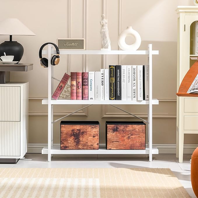 HCHQHS Bookshelf, 3-Tier Industrial Bookcase, White Open Book Shelf, Freestanding Horizontal Bookshelves with Metal Frame