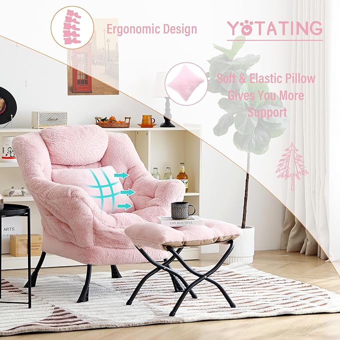Lazy Chair with Ottoman, Comfy Reading Lounge Chair with Footstool & Throw Pillow Modern with Armrests & Side Pocket for Living Room, Bedroom, Dorm Room, Plush Pink