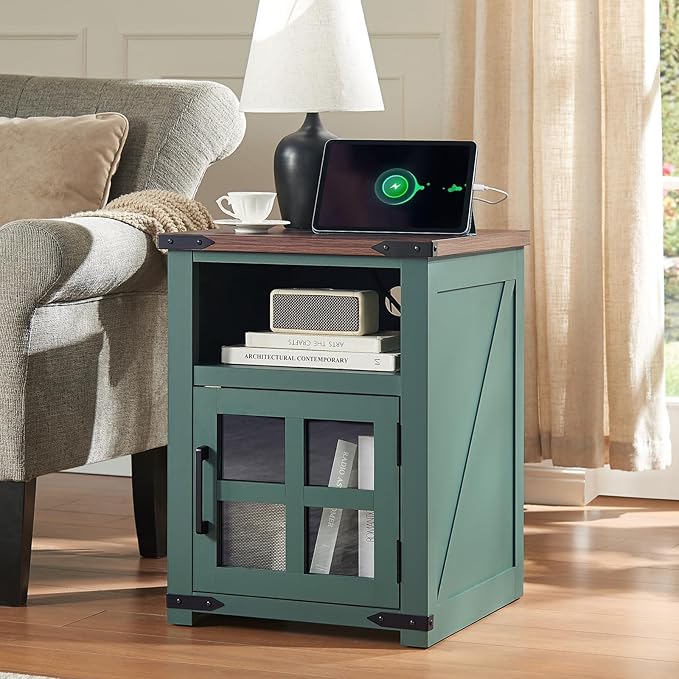 Farmhouse Nightstand with Charging Station, Rustic End Table with Tempered Glass Barn Door, Wood Sofa Side Bedside Table with Open Storage Shelf for Living Room, Bedroom, Green