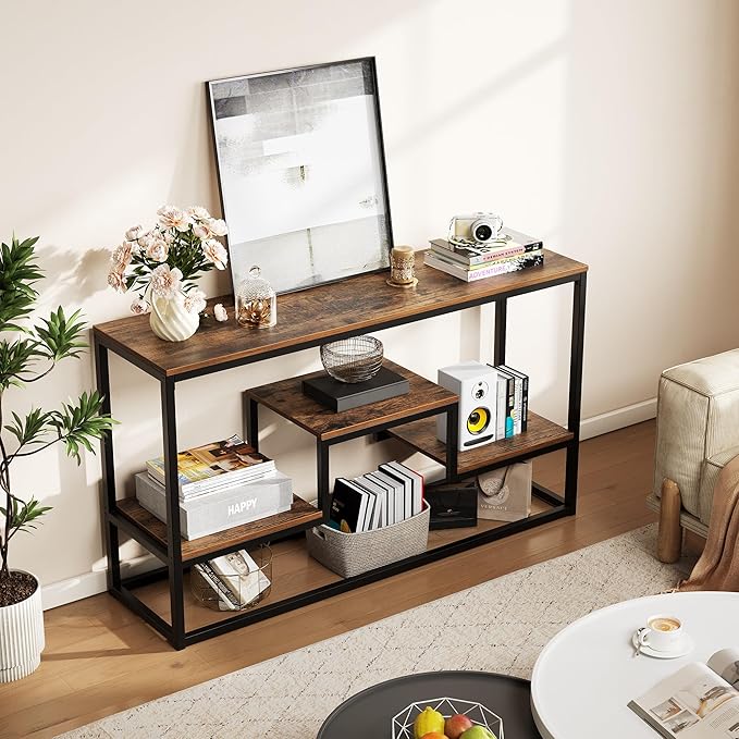 Tall TV Stand for TVs up to 55 Inch, TV Console Table with 3-Tier Open Storage Shelves, Modern Industrial Entertainment Center for Living Room, Bedroom，Rustic Brown