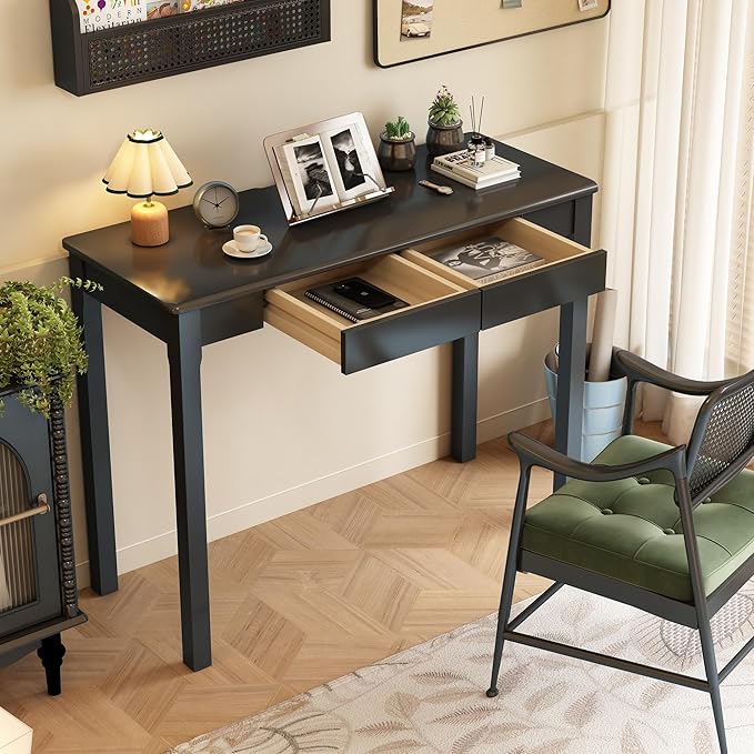 Solid Wood Desk with Drawers - 39 x 16 Inch Modern Narrow Desks, Rubber Wood Study Table, Small Writing Desk for Small Spaces|Bedroom - Black Desks