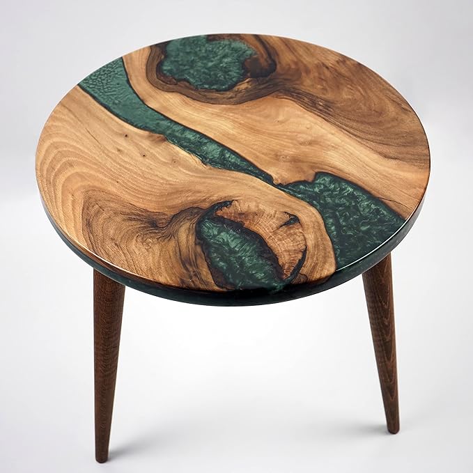 20" Resin Walnut Round Side Table | Epoxy End Table | Coffee Table | Mid Century Modern Resin Walnut | Living Room Furniture | Green Color