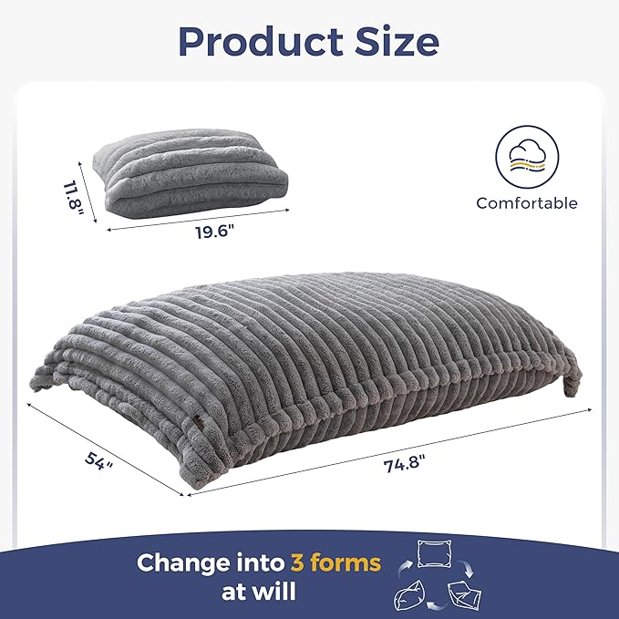 MAXYOYO Giant Bean Bag Chair with Pillow, 3 in 1 Convertible Bean Bag Chair for Adults with Washable Cover, Removable Floor Cushion Stuffed Floor Lounger for Living Room Bedroom, Grey