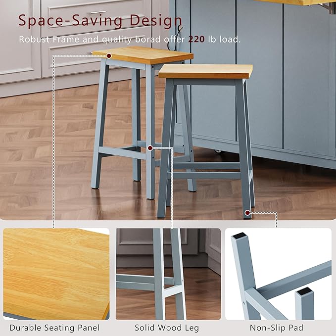 53" Large Kitchen Island Set with 2 Bar Stools, Power Outlet & Storage, Drop Leaf, 3 Drawers & 5 Open Racks, Grey Blue