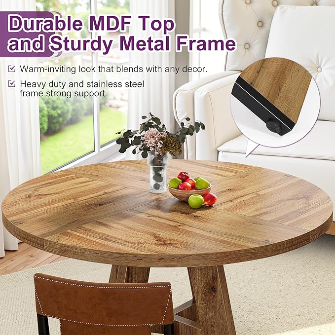 Round Dining Table for 4, 47" Wooden Kitchen Dinner Table Rustic, Farmhouse Table for Dining Room, Living Room, Light Oak Brown