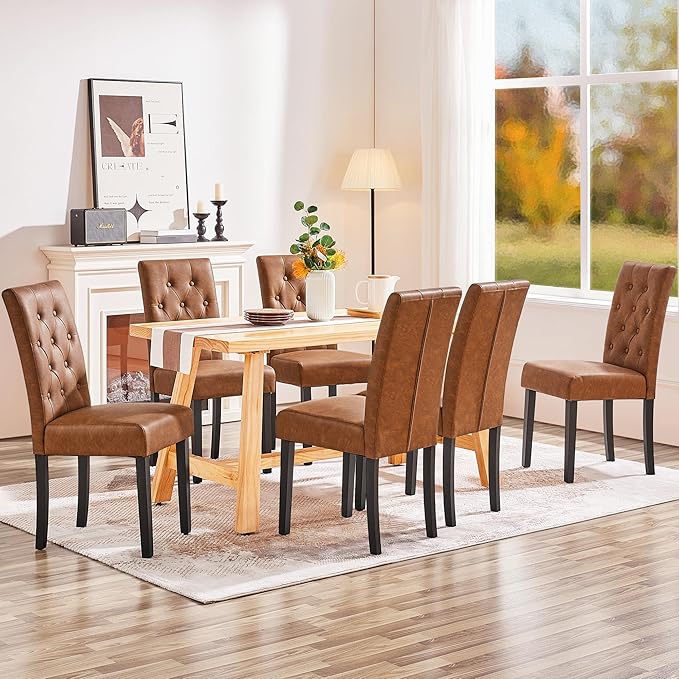 Yaheetech Dining Chairs Set of 2 Modern Style Faux Leather Dining Room Chairs with Solid Wood Legs and Button Tufted Padded for Home Kitchen, Retro Brown