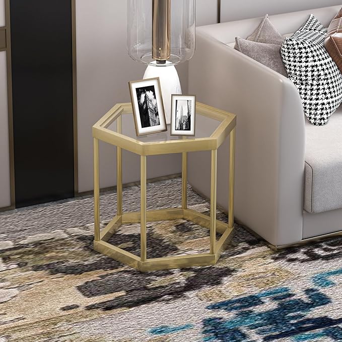 Gold Coffee Table Glass Modern Coffee Table, Hexagon Free Combination Glass Center Table Small End Tables with Metal Frame for Living Room Set of 1