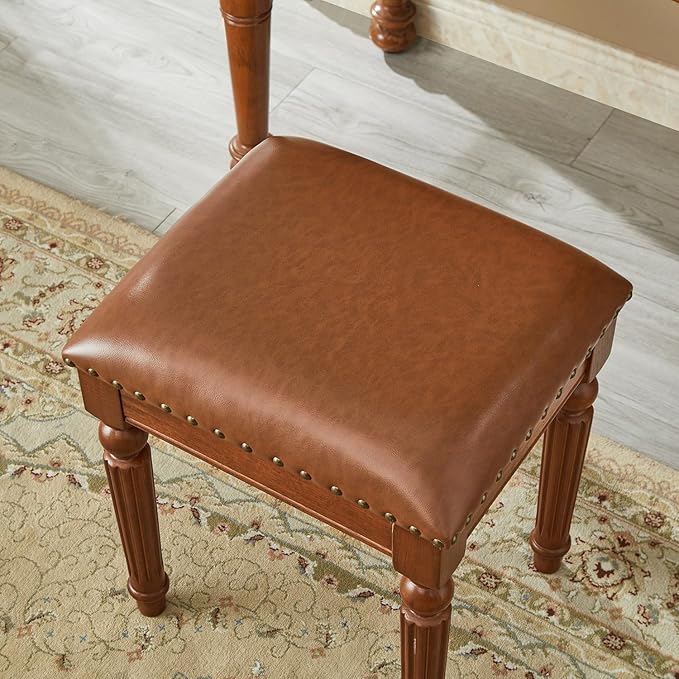 Vanity Bench Stool with Microfiber Leather Cushion, Vanity Chair Ottoman Dressing Stool with Solid Wood Legs for Bedroom, Makeup Room, Dressing Room (Flat Brown)