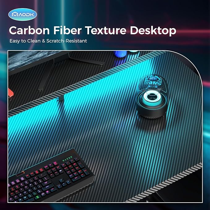 AODK Computer Desk, 56 Inch Gaming Desk with Led Lights & Power Outlet, Office Desk with Storage Shelves, Reversible Desk with Monitor Shelf & Headphone Hook, Carbon Fiber Black