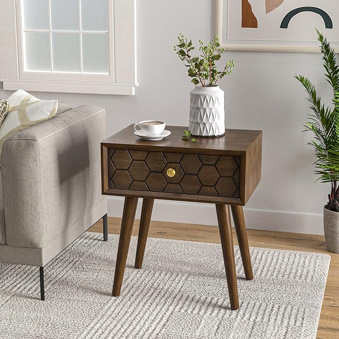 COSIEST Mid-Century Nightstand, Modern MDF Bedside Table, Wood Accent End Table with One Storage Drawer for Bedroom Living Room, Brown