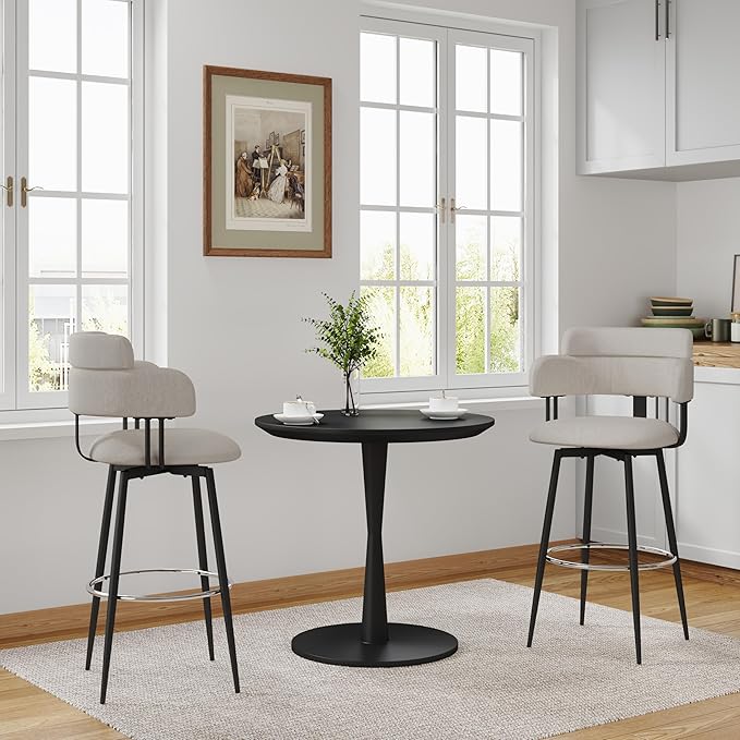 Swivel Bar Stools Set of 2, Counter Height Bar Stools with Ergonomic Full Back, Upholstered Linen Fabric Barstools with Chrome Metal Footrest for Kitchen Island, Dining Room
