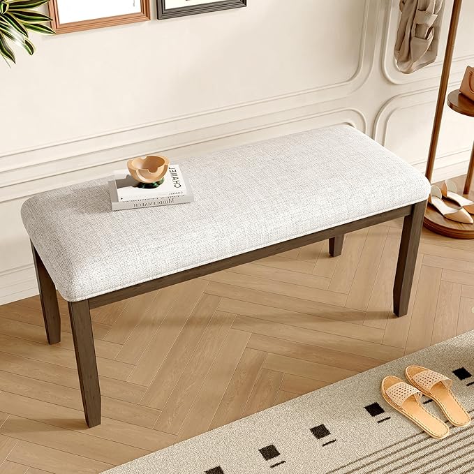 Merax Upholstered Dining Bench, with Padded Seat and Solid Wood Leg for Kitchen Bedroom, Living Room, Indoor, Entryway, Hallway, End of Bed, Brown+Beige