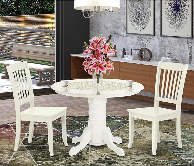 East West Furniture SHDA3-LWH-W 3 Piece Kitchen Table Set for Small Spaces Contains a Round Dining Table with Pedestal and 2 Dining Room Chairs, 42x42 Inch, Linen White