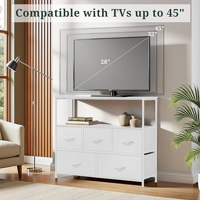TV Stand, 5 Fabric Drawers Dresser Entertainment Center for TV up to 45 inch Wooden Media Console Table Storage Organizer with Open Shelf, for Living Room, Bedroom, or Small Space, White