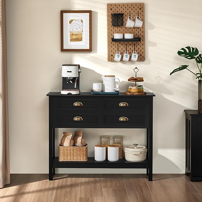Yaheetech Console Table with 4 Drawers, Sofa Side Table with Bottom Open Storage Shelf, Heavy-Duty Entryway Tables for Hallway/Living Room, 39.5x14x32 inch, Black