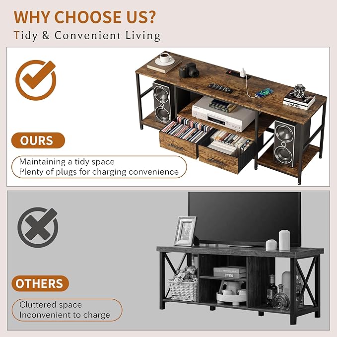 TV Stand for 75 Inch TV, TV Stands for Living Room with 2 Storage Drawers, Entertainment Center with Power Outlets, TV Stand for Bedroom, Television Stands, Brown/Black