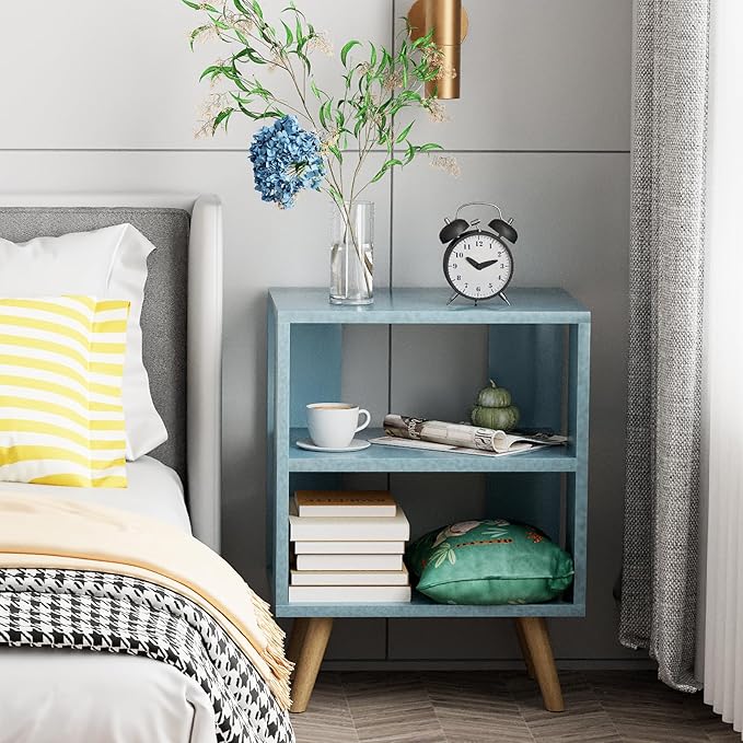 Night Stand, Blue Kids Nightstand, Modern End Table with Open Storage, 2-Tier Nursery Bedside Table for Small Space, Living Room, Bedroom