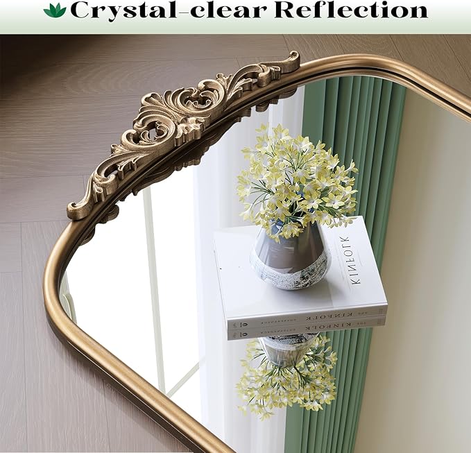 Arched Antique Gold Mirror, 28"x36" Vintage Bathroom Vanity Mirror, Ornate Arched Brass Wall Mirror for Over Sink/Fireplace/Entryway
