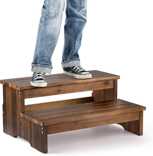 TINAMO 25" Acacia Bed Steps for High Beds for Adult 500 Lbs - 2-Step Wood Step Stool - Wooden Step Stool for Bed - Heavy Duty Hot Tub Steps & Hot Tub Stairs - Pool Ladder Above Ground (Walnut Color)