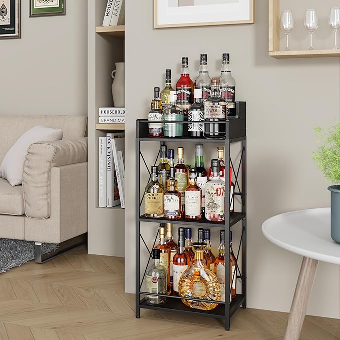 KLM Liquor Bottle Display Shelf, Liquor Cabinet bar for Home, 4 Step Liquor cabinetck, Mini bar,Liquor Cabinet, Home Retro Bar Shelf Stand for Liquor Whiskey, Spirits（Black）