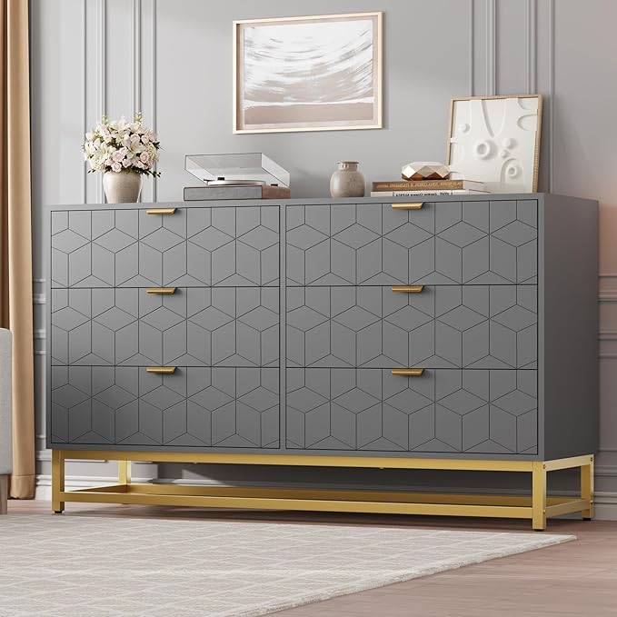 Dresser for Bedroom, 53.5" Large Dresser Organizer, 6 Drawer with Golden Metal Handle and Legs, Modern Chest of Drawers, Grey Dressers with Drawers for Closet, Hallway, Living Room, Entryway