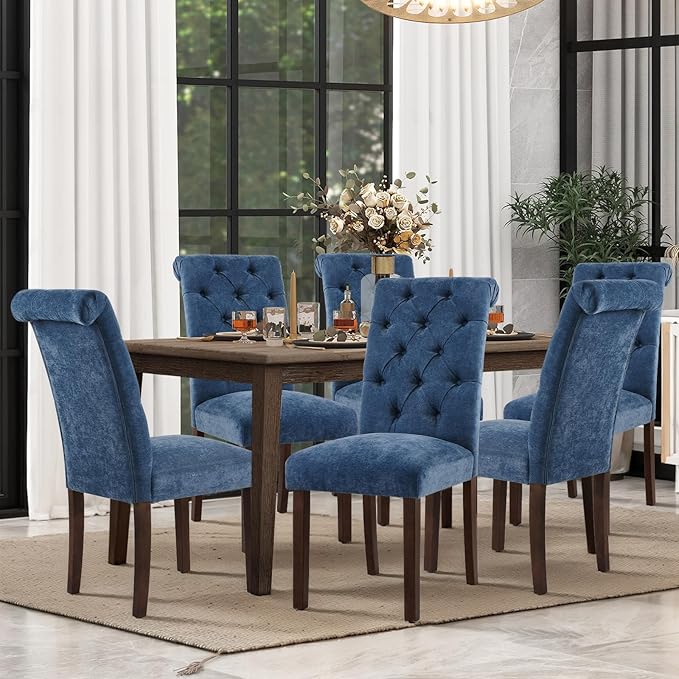 COLAMY Button Tufted Dining Chairs Set of 6, Parsons Upholstered Fabric Dining Room Chair Kitchen Chairs with Wood Legs and Padded Seat, Blue