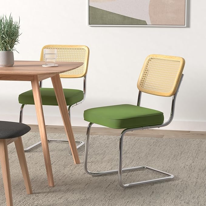 VEVOR Rattan Dining Chairs Set of 4, Mid Century Modern Dining Chair, Upholstered Velvet Accent Chair with Rattan Back, Retro Dining Room Kitchen Chair for Living Room, Bedroom (18.1 Inch)