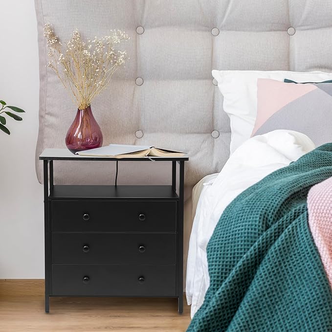 3 Wooden Drawers Nightstand, 27 Inch Wide Night Stand Set 2 with Charging Station and Adjustable Drawers, Bedside Table for Living Room/Bedroom/Office, Black.