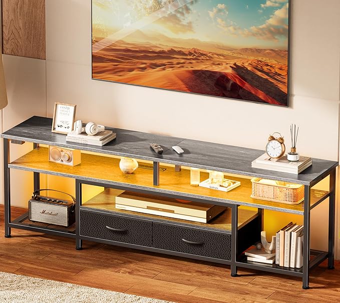 Huuger TV Stand for 65 70 Inch TV, Entertainment Center with Power Outlets and LED Lights, TV Console for Living Room, Media Console with Drawers and Shelves, Grey