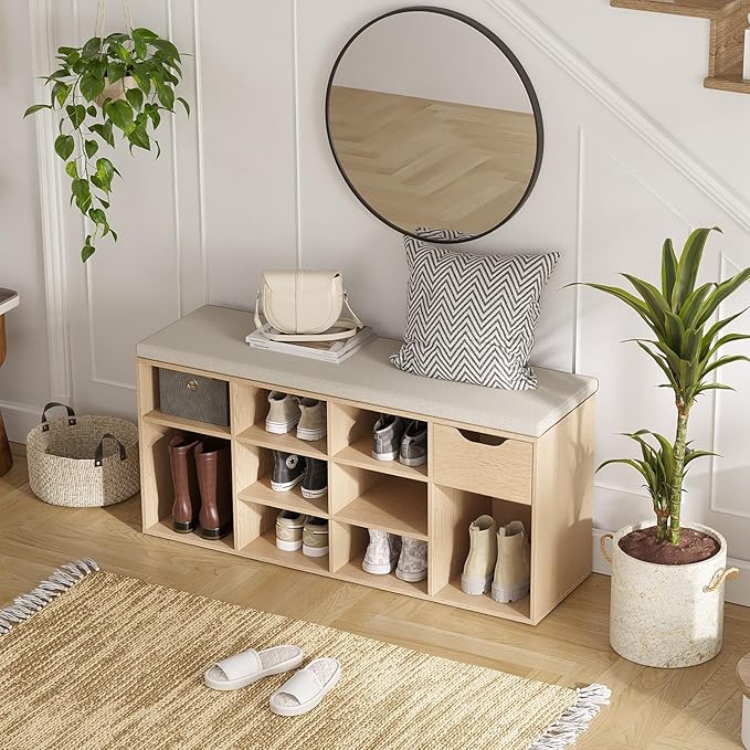 DINZI LVJ Shoe Storage Bench with Cushion, 11- Cubby Entryway Bench with Drawer and Adjustable Shelves, 40.9" Long Cubby Shoe Rack for Living Room, Bedroom, Mudroom, Natural and Cappuccino Beige